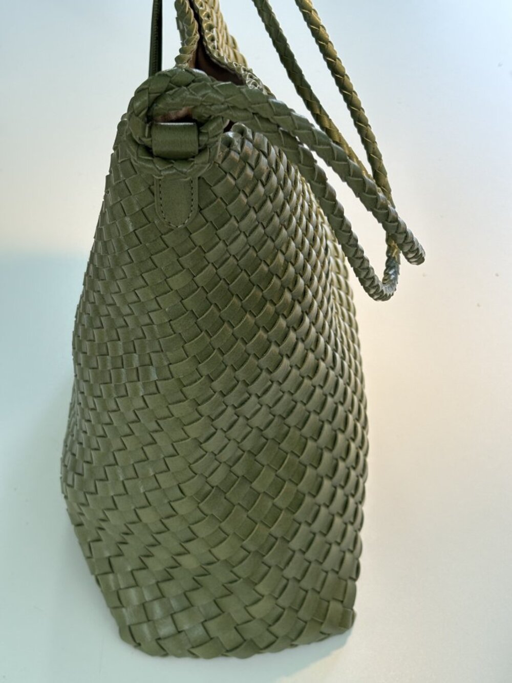 Olive Green Woven Shoulder Bag Quiet Luxury Boho Chic Tote - Picture 4 of 7